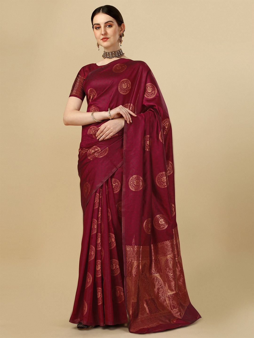 

QENY Woven Design Zari Banarasi Saree, Maroon