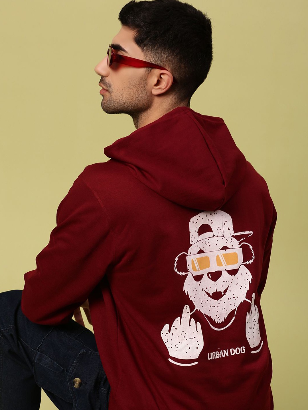 

Urban Dog Men Graphic Printed Hood Fleece Pullover Ribbed Sweatshirt, Maroon