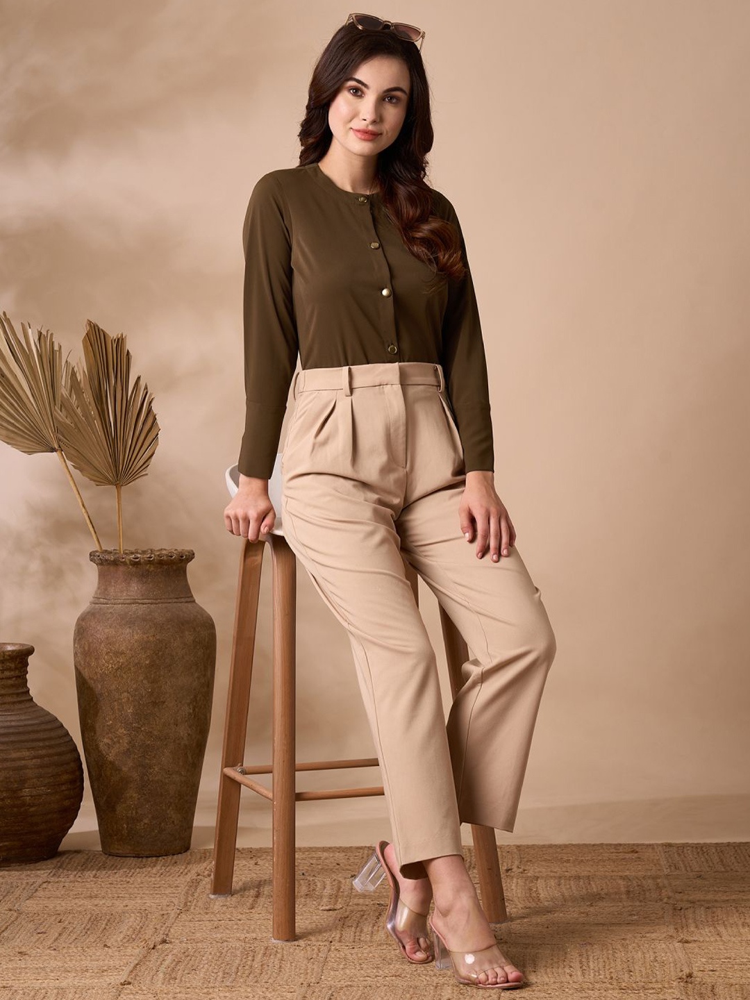 

MISH Women Collarless Solid Formal Shirt, Olive