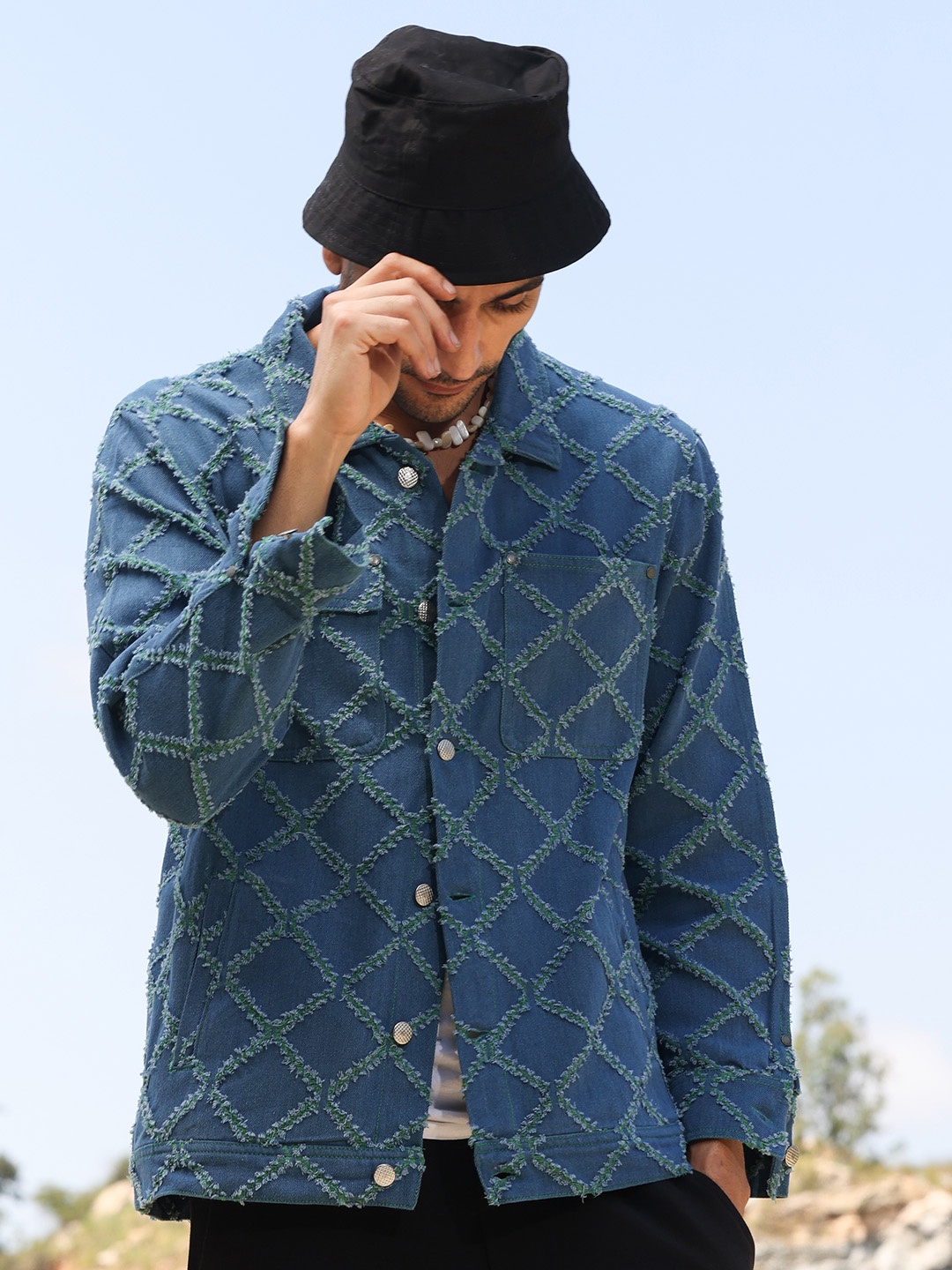 

Campus Sutra Men Cotton Self Design Lightweight Biker Jacket, Blue