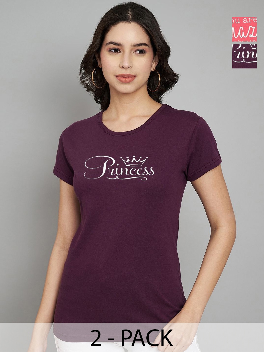 

Trend Level Women Pack Of 2 Typography Printed Round Neck Cotton T-shirts, Burgundy