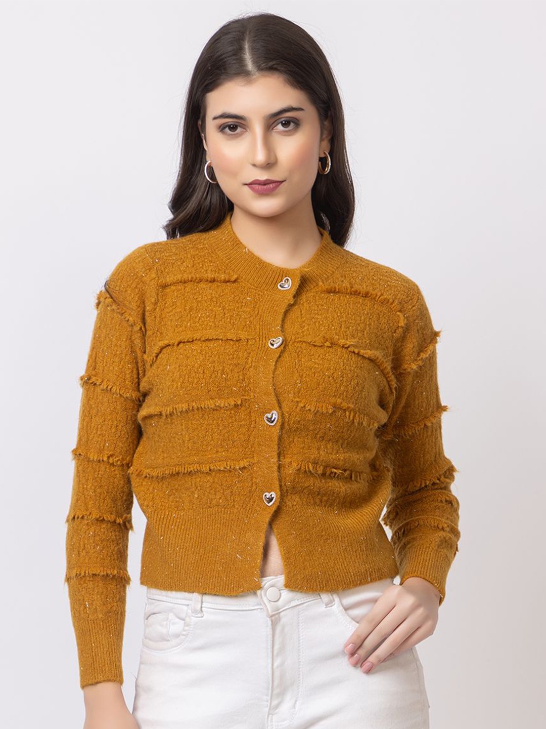 

GFO Women Self Design Fur Crop Woollen Front Open Sweater, Mustard