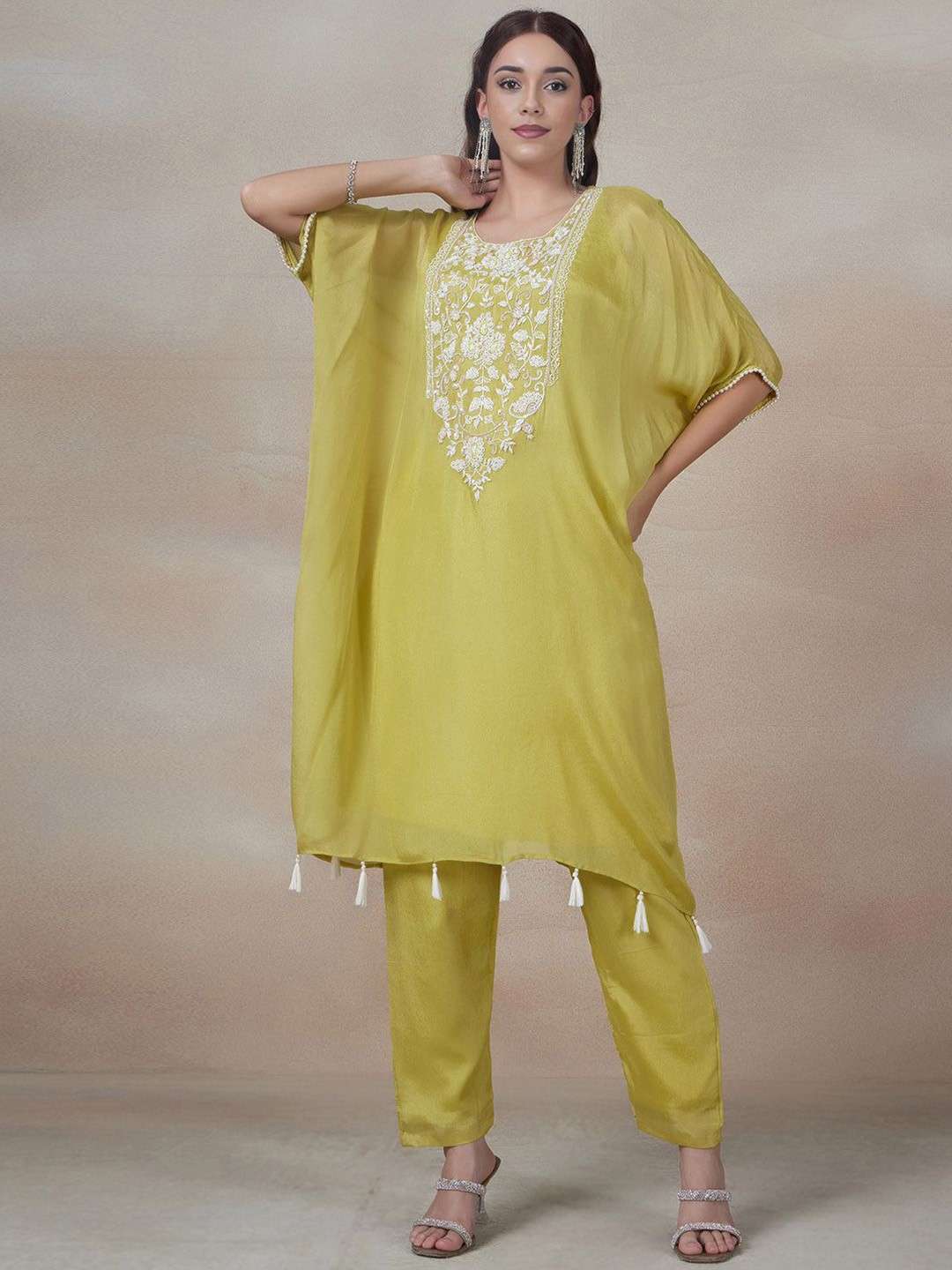 

Rang by Indya Women Embroidered Thread Work Kurta with Trousers, Yellow