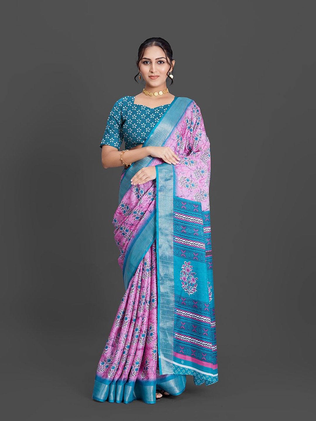 

NIRMAL CREATION Floral Printed Saree With Zari Border, Blue