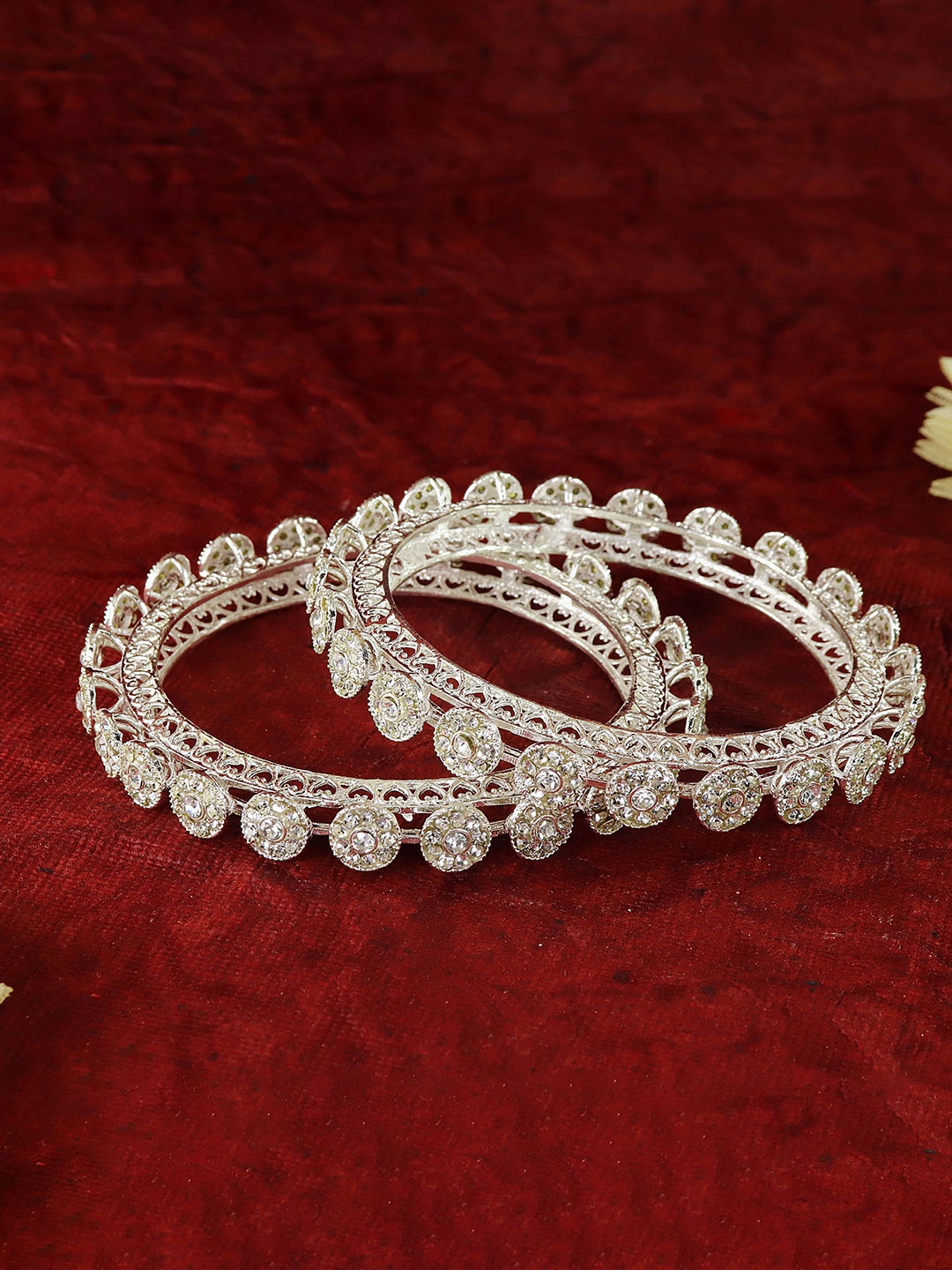 

ZULKA Set Of 2 Silver-Plated Cubic Zirconia & American Diamond Studded Bangles