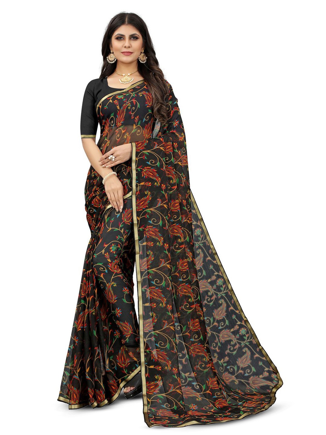 

Anouk Floral Zari Poly Chiffon Saree, Black