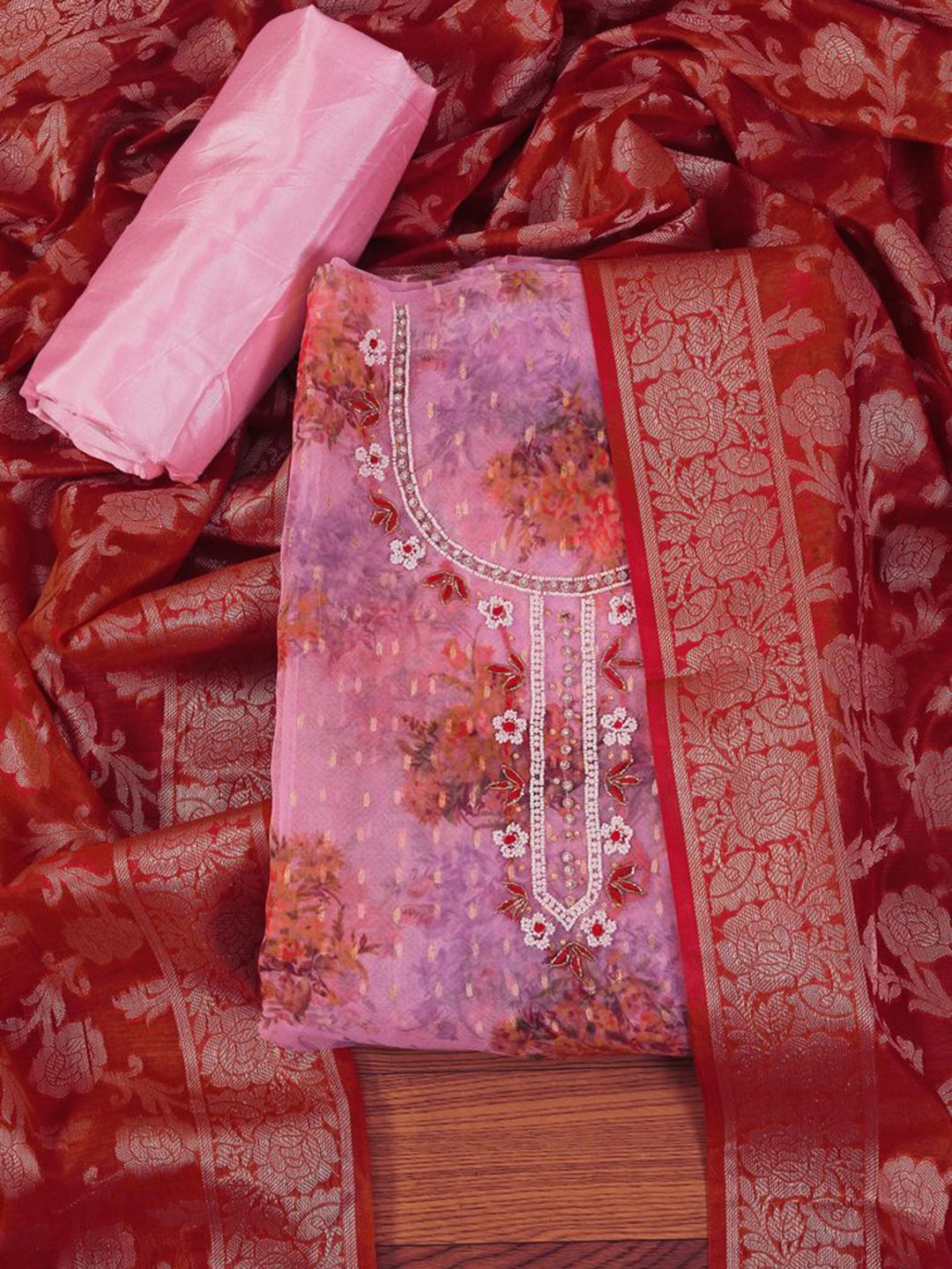 

Jaipur Kurti Organza Embellished Dress Material With Dupatta, Pink