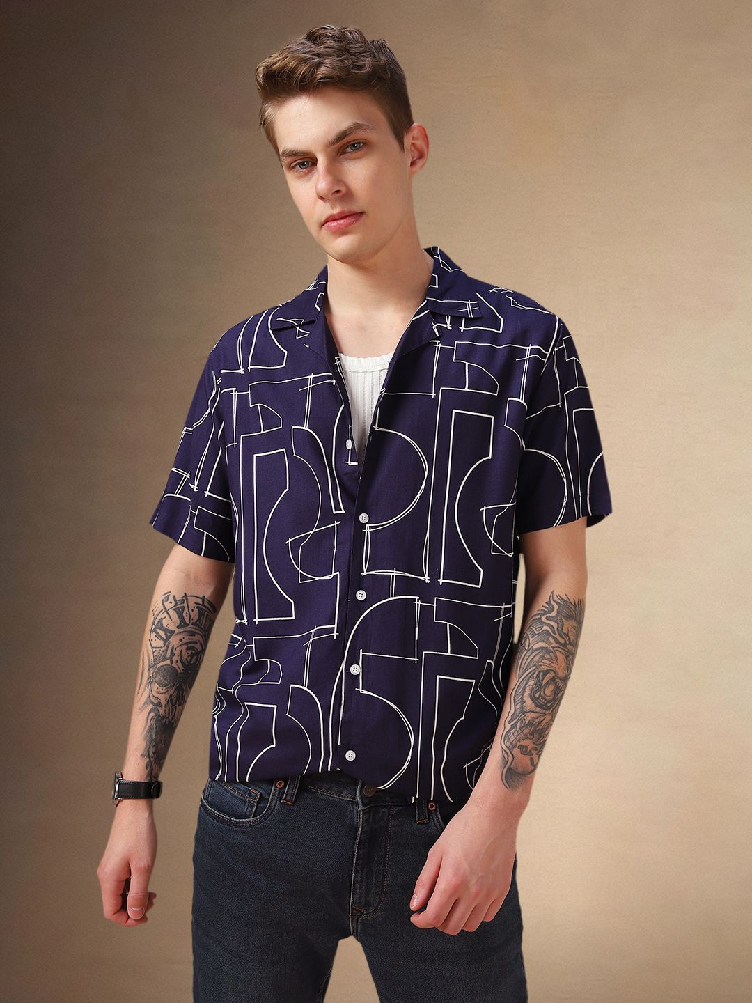 

Dennis Lingo Men Cuban Collar Abstract Printed Relaxed Fit Casual Shirt, Blue