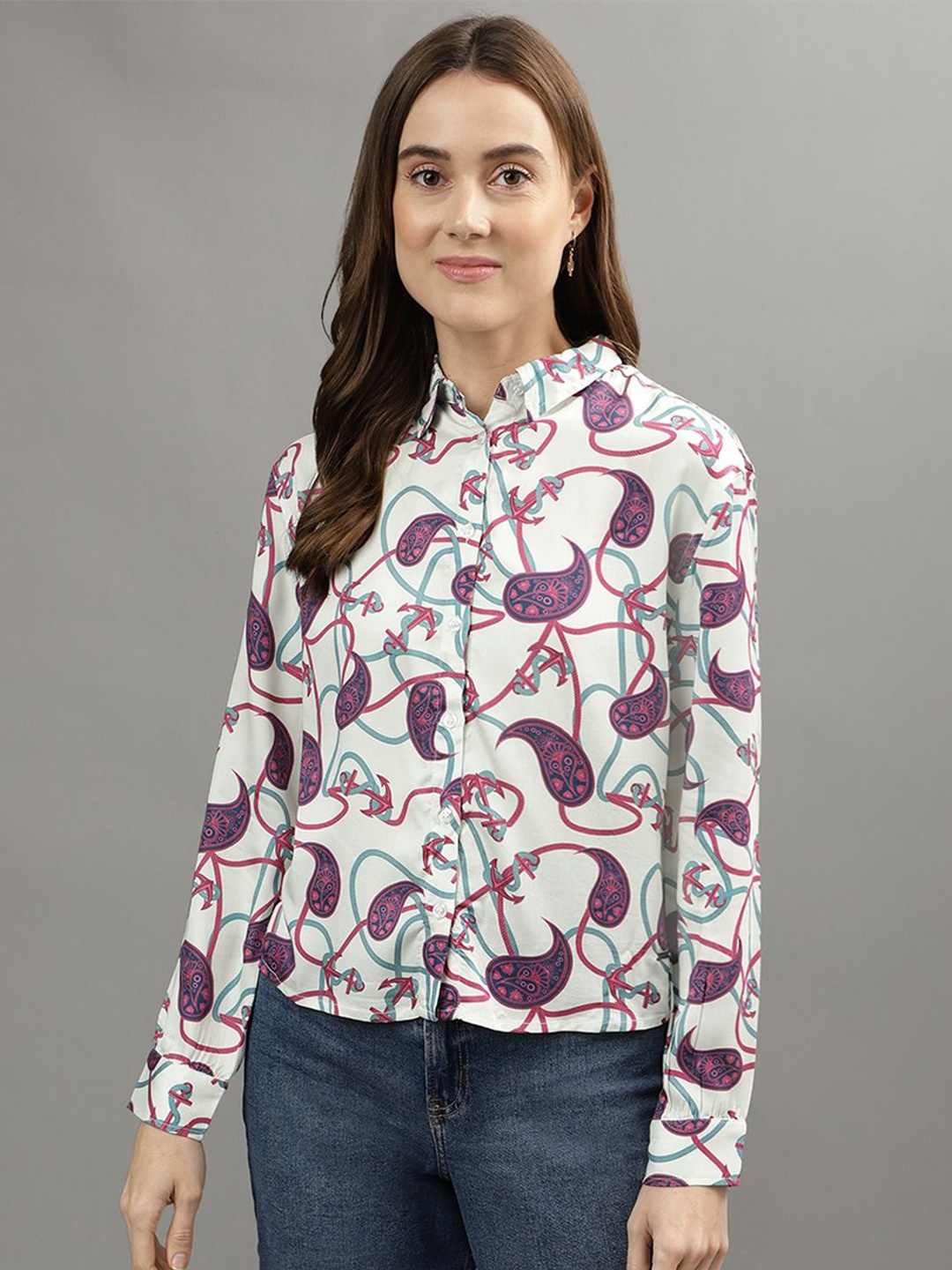 

Iconic Women Spread Collar Floral Printed Casual Shirt, White