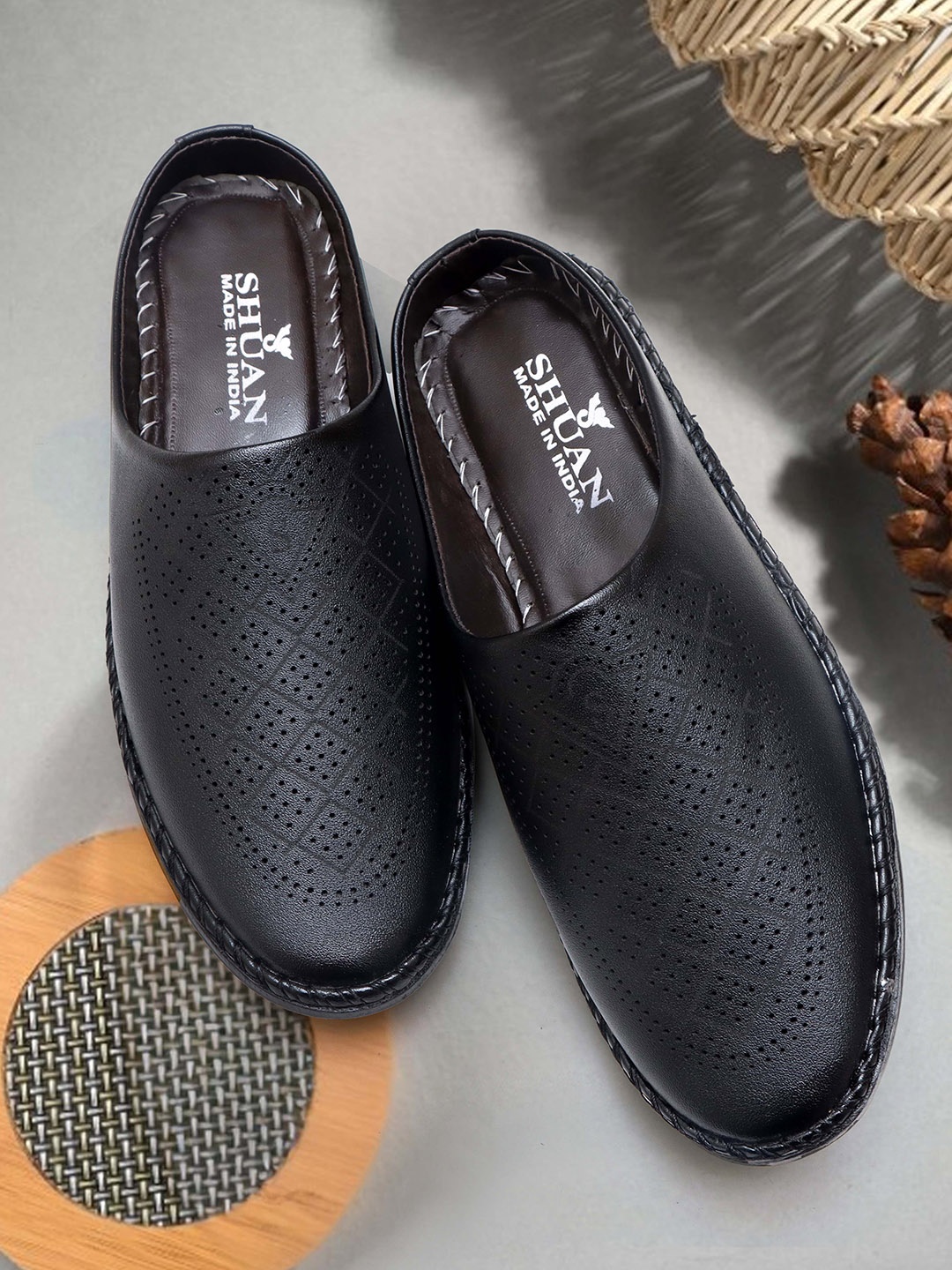 

SHUAN Men Solid Laser Cuts Slip-On Mules Casual Shoes, Black