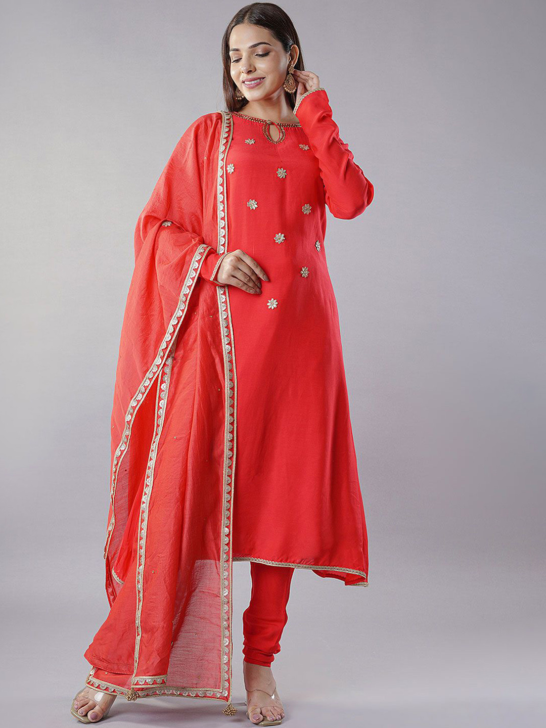 

Utsav Fashion Women Embroidered Beads and Stones Kurta with Churidar & With Dupatta, Red
