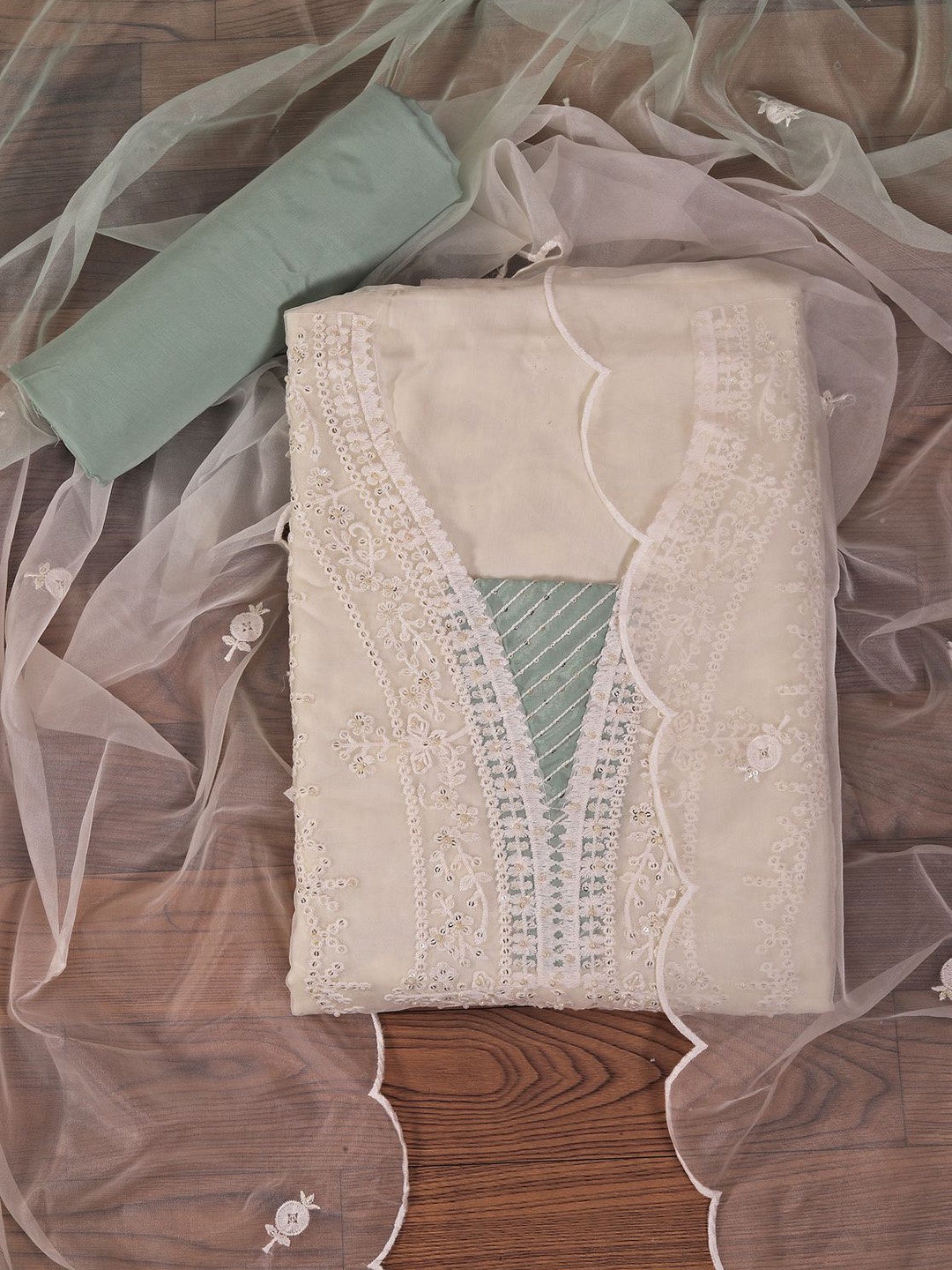 

Jaipur Kurti Heavy Embroidered Organza Dress Material with Dupatta, White