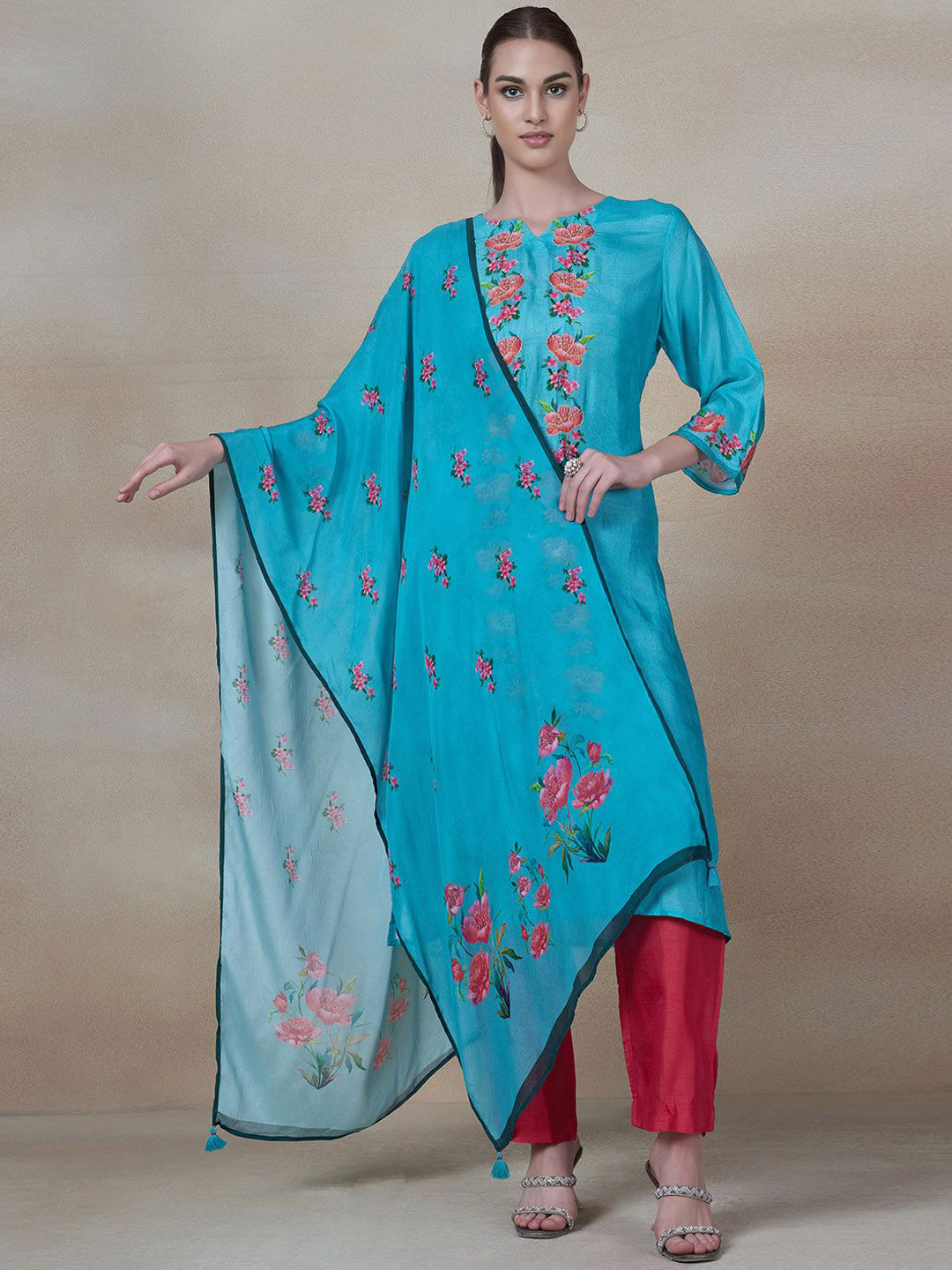 

Rang by Indya Women Floral Printed Regular Thread Work Kurta with Trousers & With Dupatta, Blue