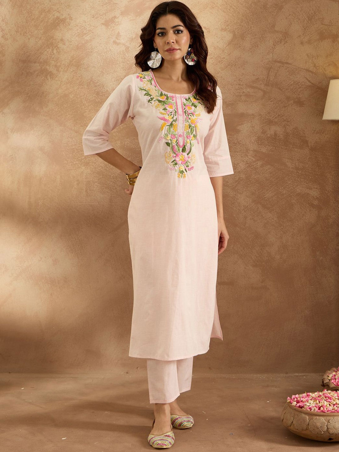 

Indo Era Women Ethnic Motifs Embroidered Pure Cotton Kurta with Trousers, Pink