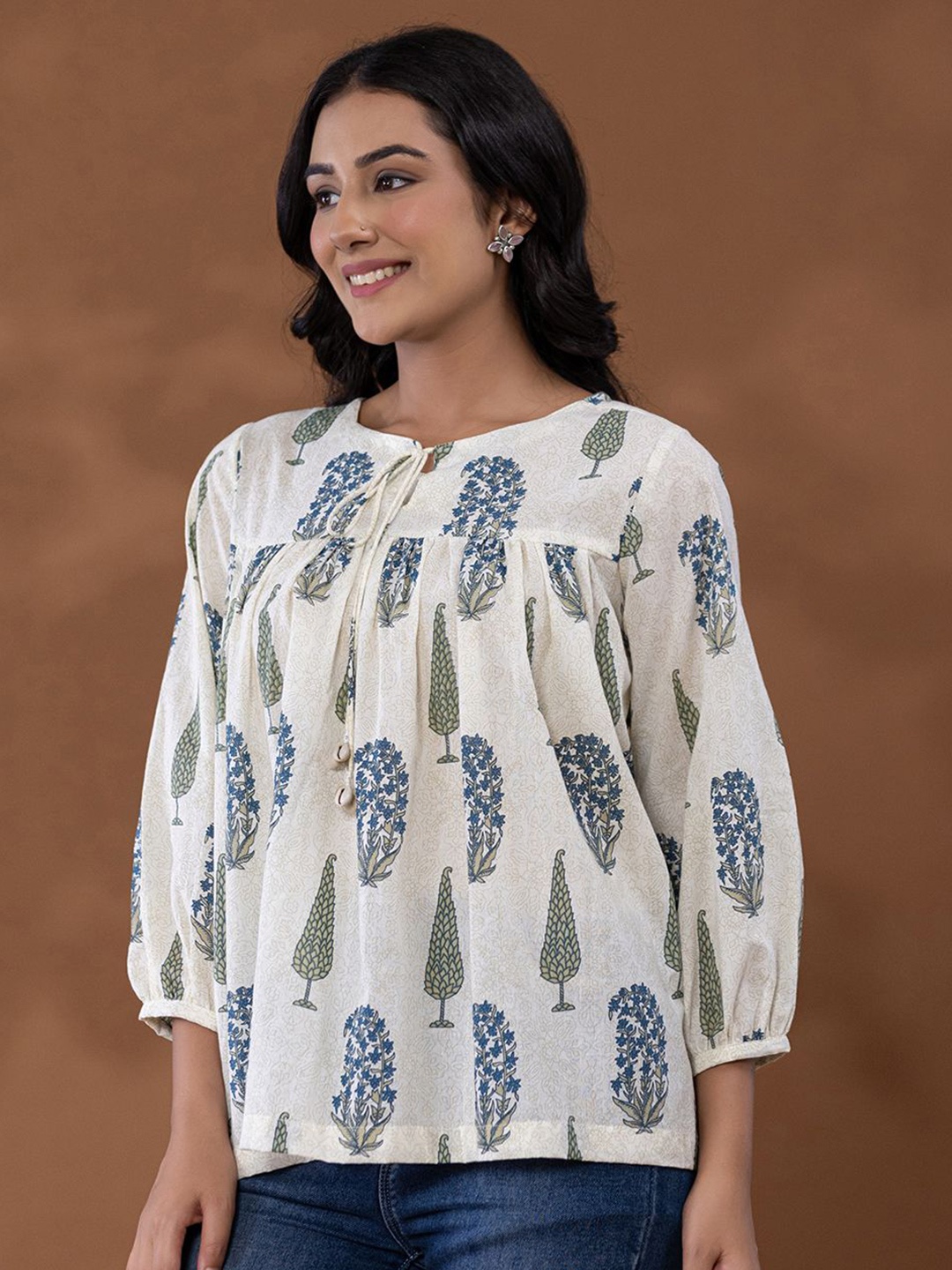 

Yufta Women Ethnic Motifs Printed Tie-Up Neck Cotton Top, White
