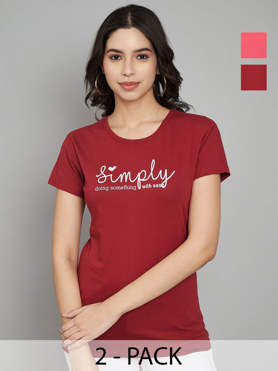 

Trend Level Women Pack Of 2 Typography Printed Round Neck Cotton T-shirts, Maroon
