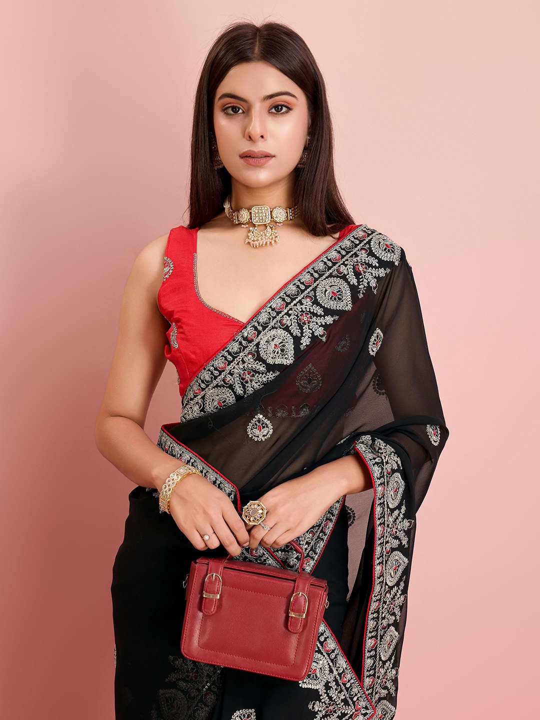 

VAIRAGEE Ethnic Motifs Sequinned Ready to Wear Saree, Black
