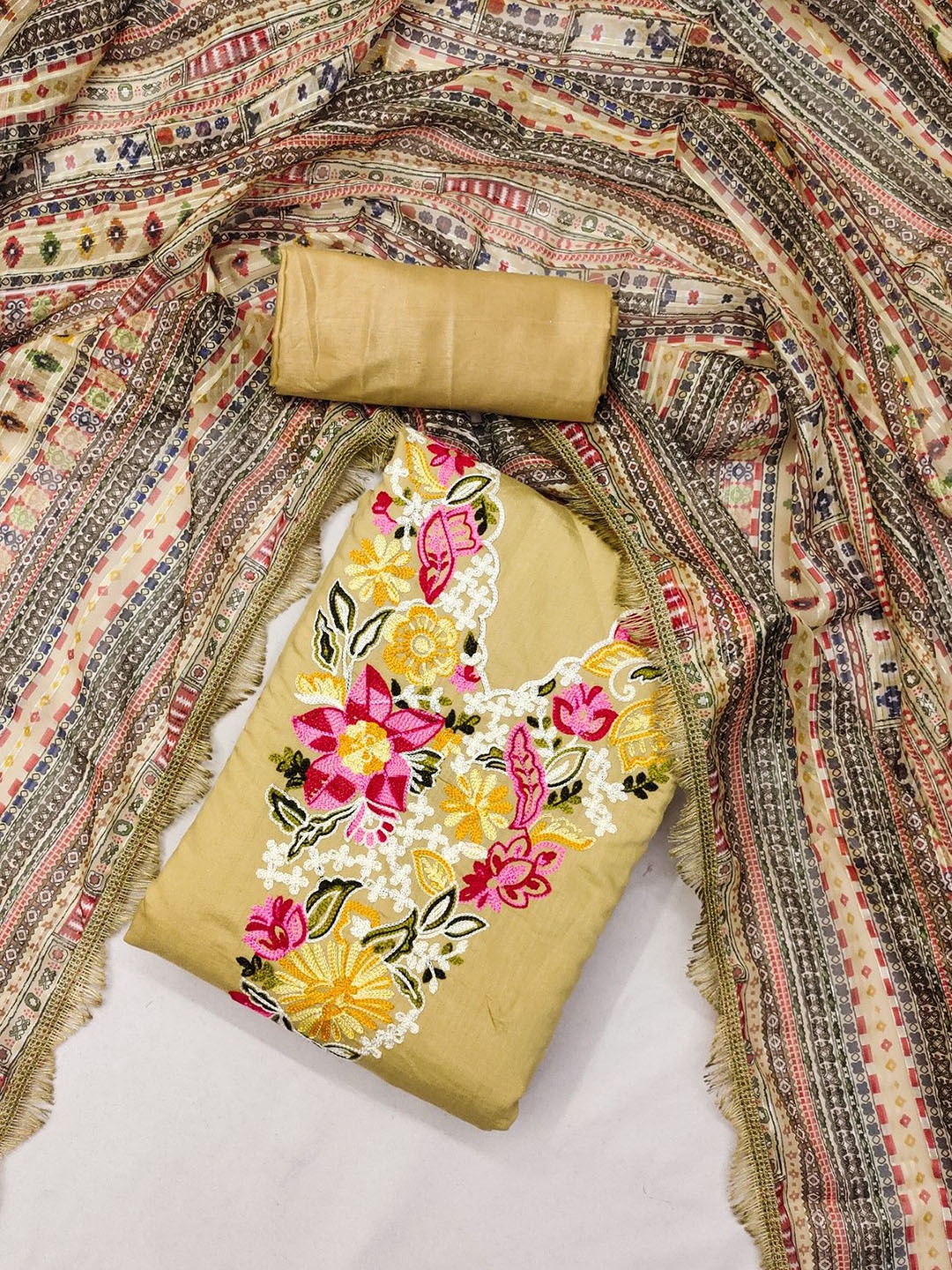 

KALINI Embroidered Unstitched Dress Material, Beige