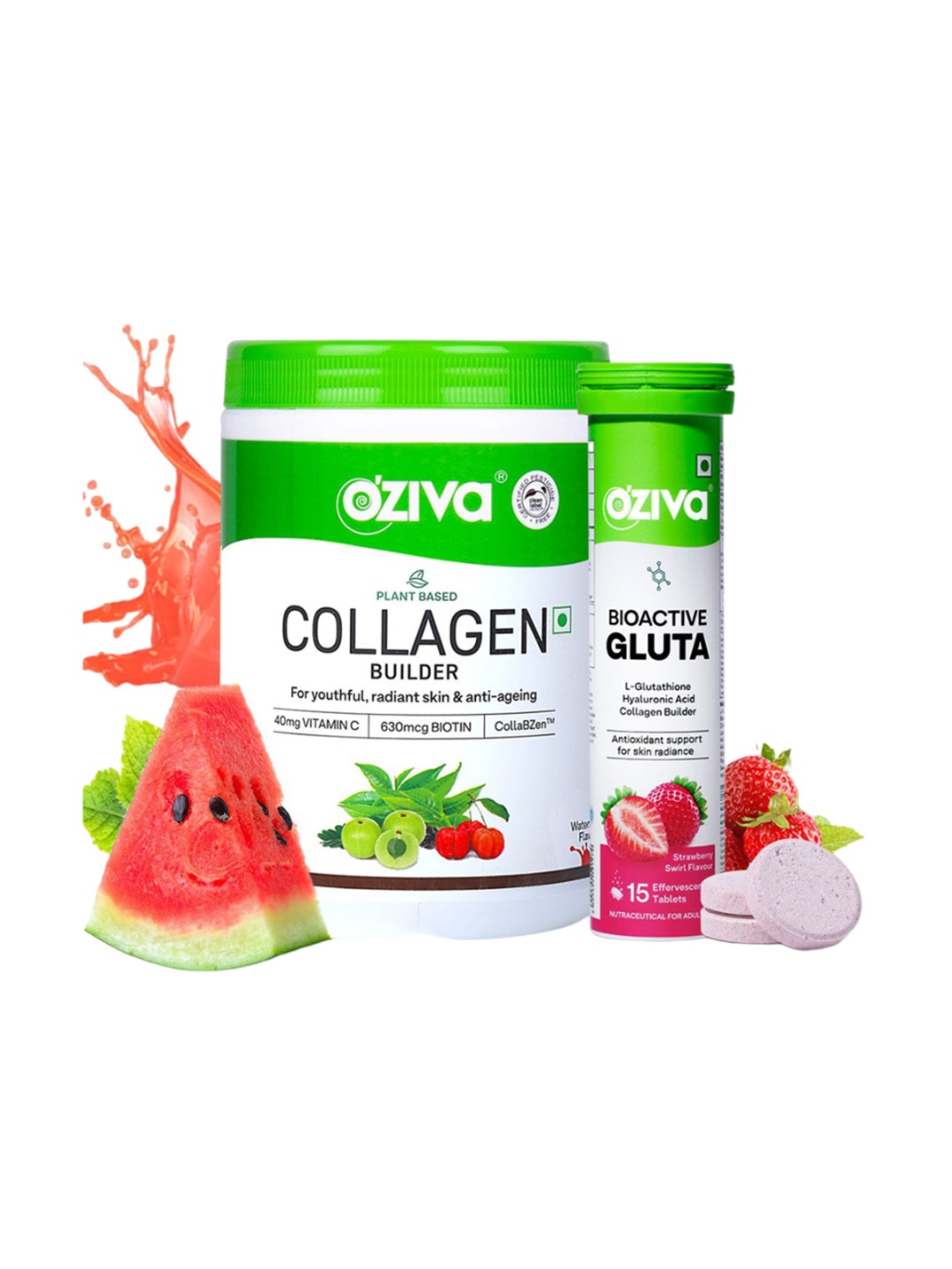 

OZiva Set Of 2 Collagen Builder 200 g - Watermelon & Bioactive Gluta Fizzy - 15 N Tablets, Green