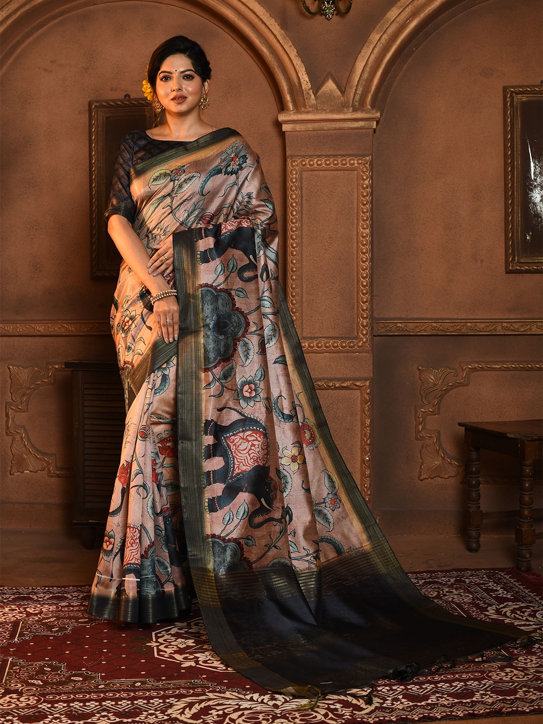 

Kandora Kalamkari Zari Pure Silk Tussar Saree, Peach