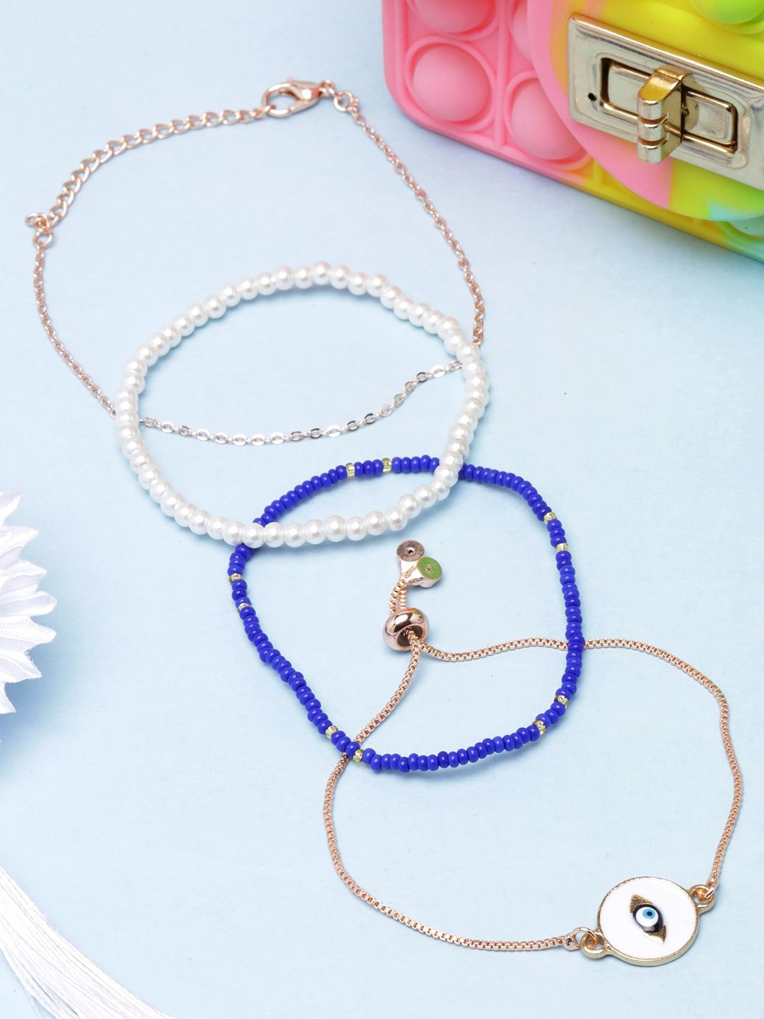 

KPOP Set Of 4 Brass Rose Gold-Plated Stone Studded & Beaded Elasticated Bracelet