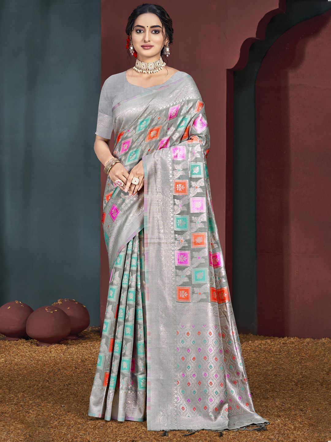 

SANGAM PRINTS Woven Design Zari Tussar Saree, Grey