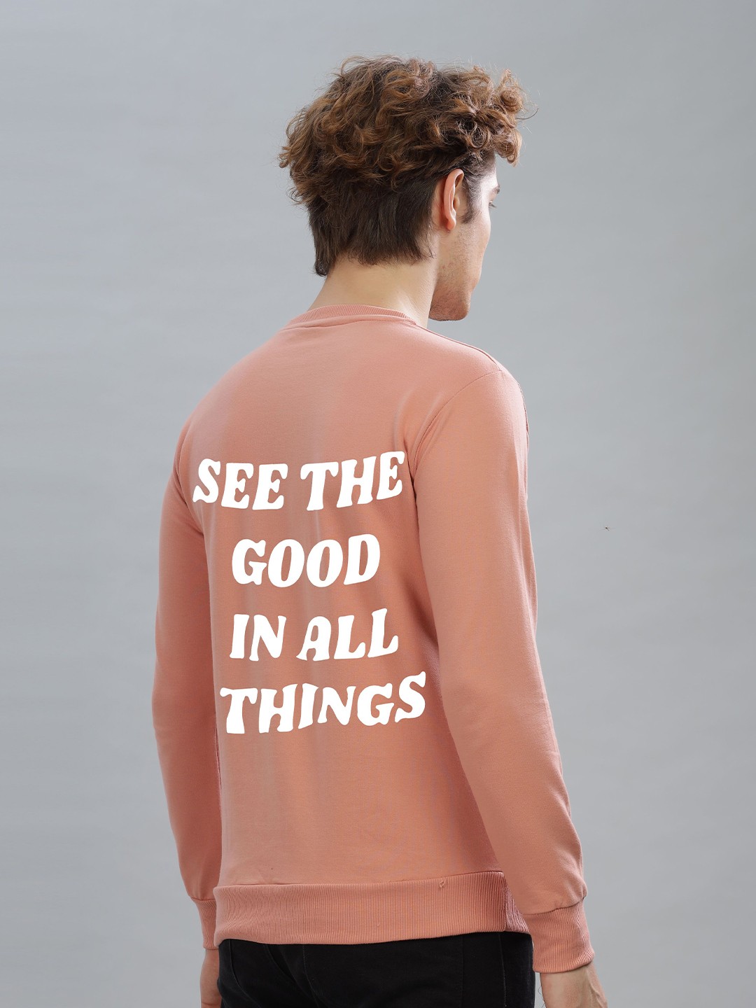 

FALTU.CO Men Typography Printed Round Neck Cotton Pullover Sweatshirt, Peach