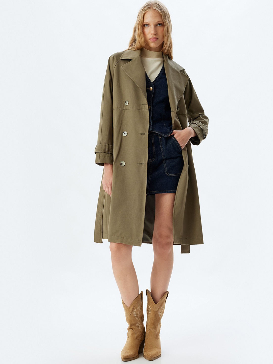 

Koton Women Striped Longline Open Front Jacket, Khaki