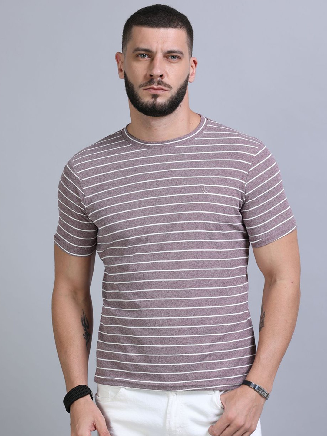 

Bushirt Men Striped Round Neck T-shirt, Lavender