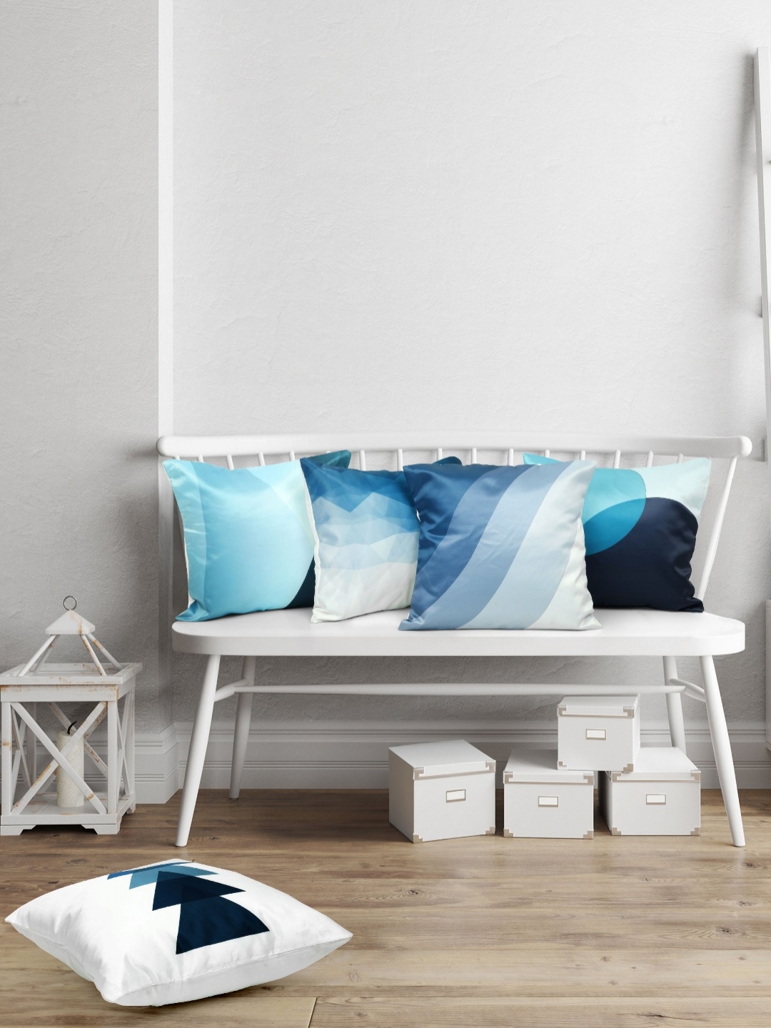 

Vendola Blue & White 5 Pieces Geometric Printed Satin Square Cushion Covers