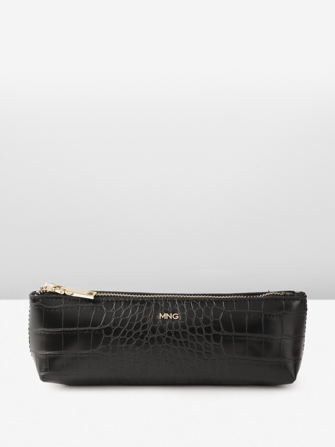 

MANGO Croc Textured Travel Pouch, Black