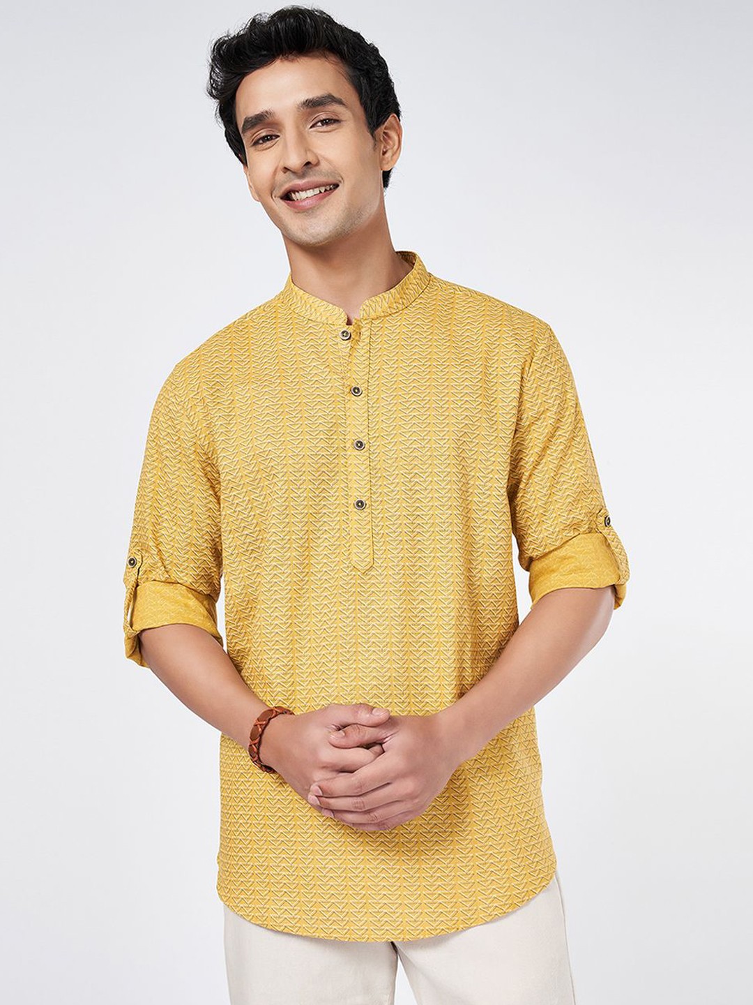 

indus route by Pantaloons Men Printed Thread Work Kurta, Tan