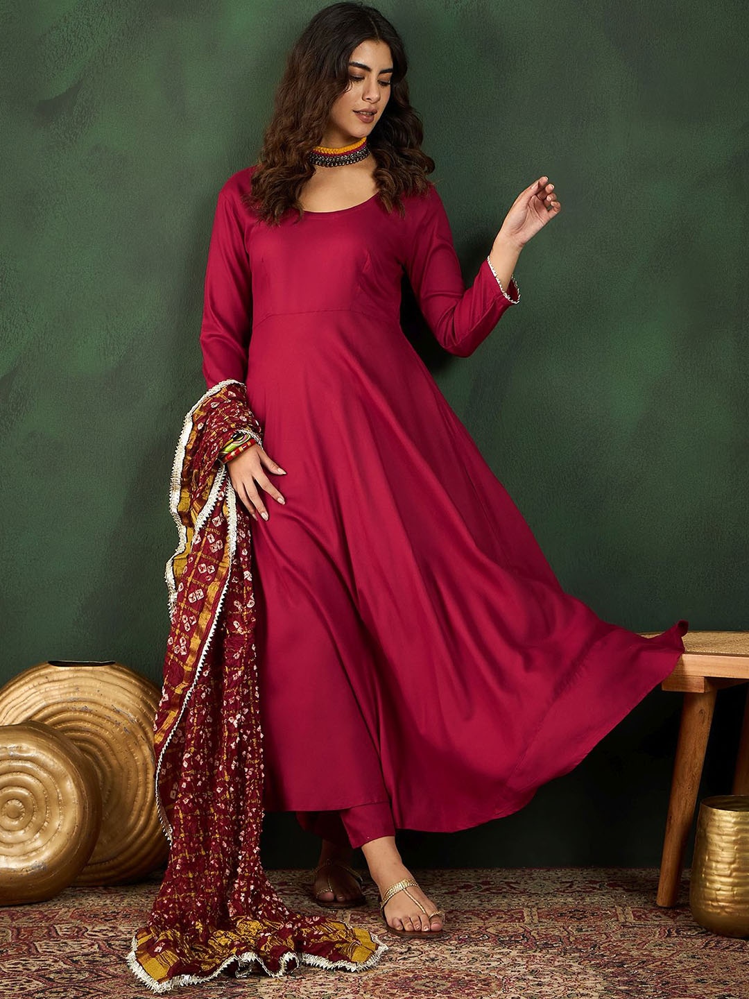 

Vastramyaa Women Gota Patti Details Anarkali Kurta with Trousers With Dupatta, Maroon