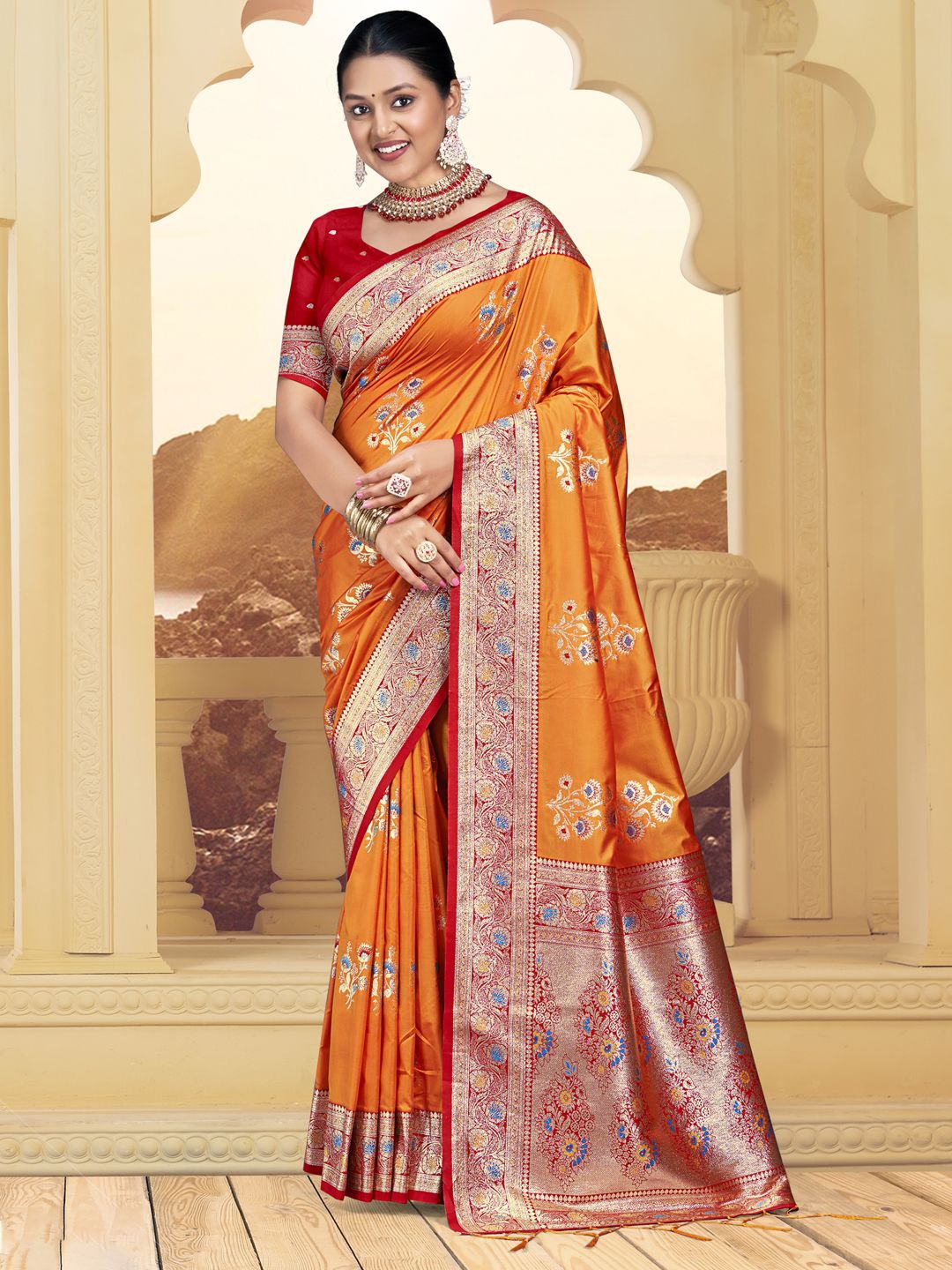 

SANGAM PRINTS Woven Design Zari Tussar Saree, Orange