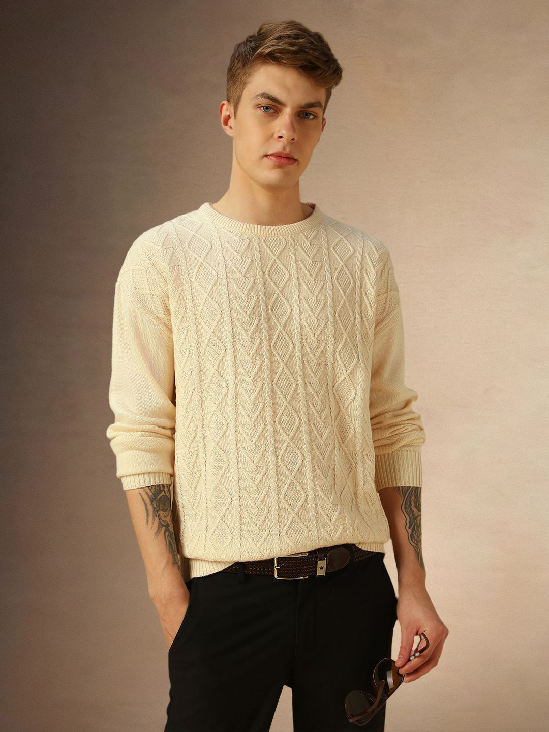 

Dennis Lingo Men Cable Knit Pullover Sweaters, Off white