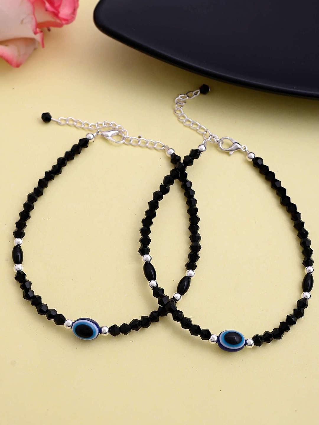 

VOJ Silver-Plated Stainless Steel Evil Eye Beaded Adjustable Anklet