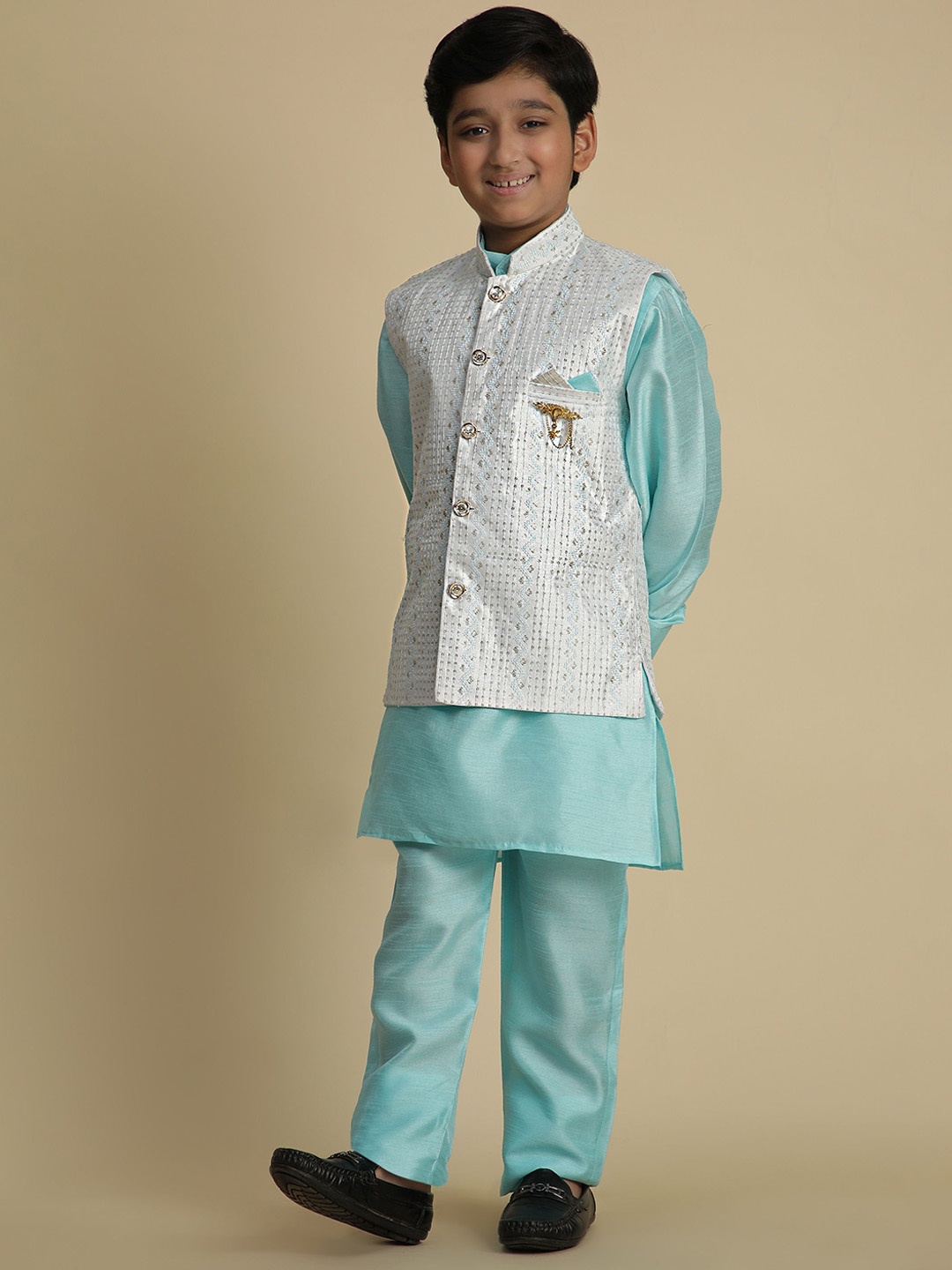 

Pro-Ethic STYLE DEVELOPER Boys Regular Pure Silk Kurta with Pyjamas, Turquoise blue