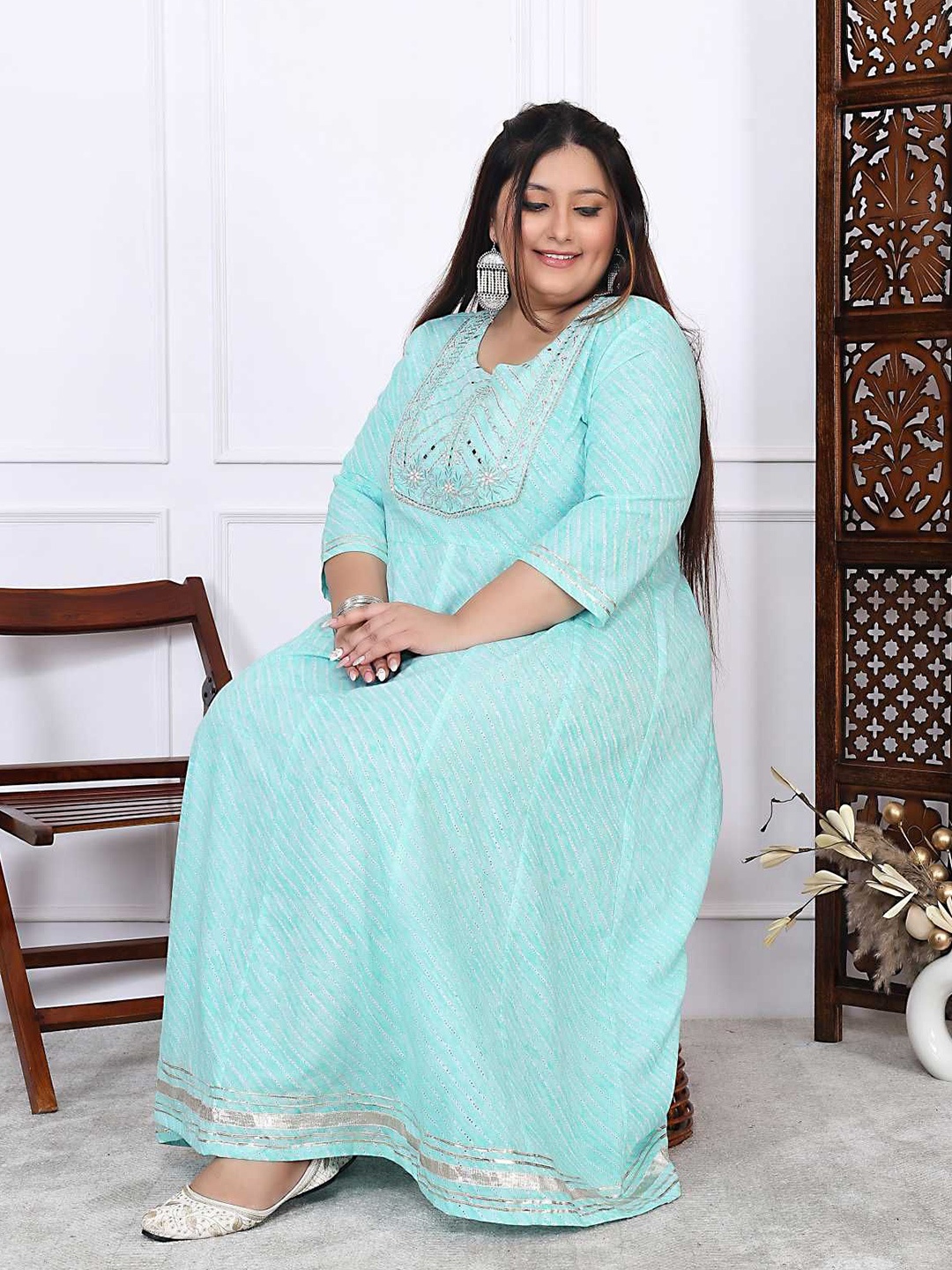 

FLAVIA CREATION Printed Floral Plus Size Cotton Anarkali Kurta, Green
