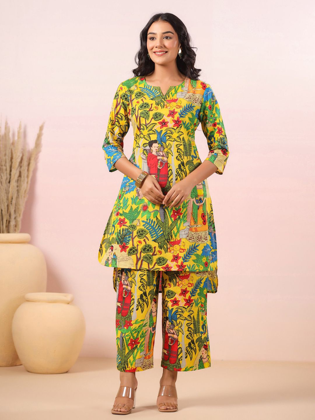 

LYFJ Printed Pure Cotton Tunic & Trousers Co-Ords, Yellow