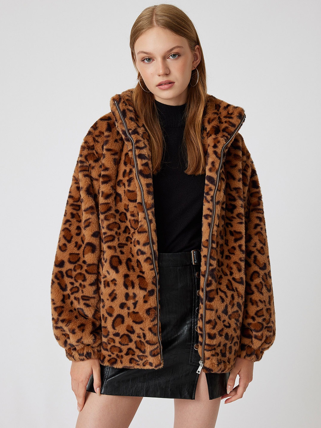 

Koton Women Animal Printed Longline Faux Fur Trim Tailored Jacket, Brown