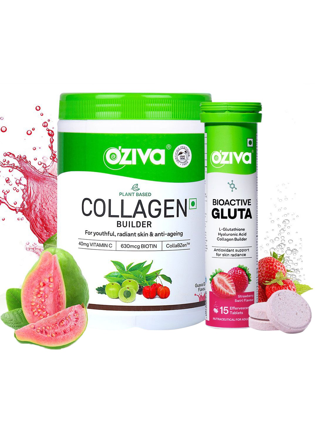 

OZiva Set Of 2 Collagen Builder 200 g -Gauva Flavor & Bioactive Gluta Fizzy - 15 N Tablets, Green