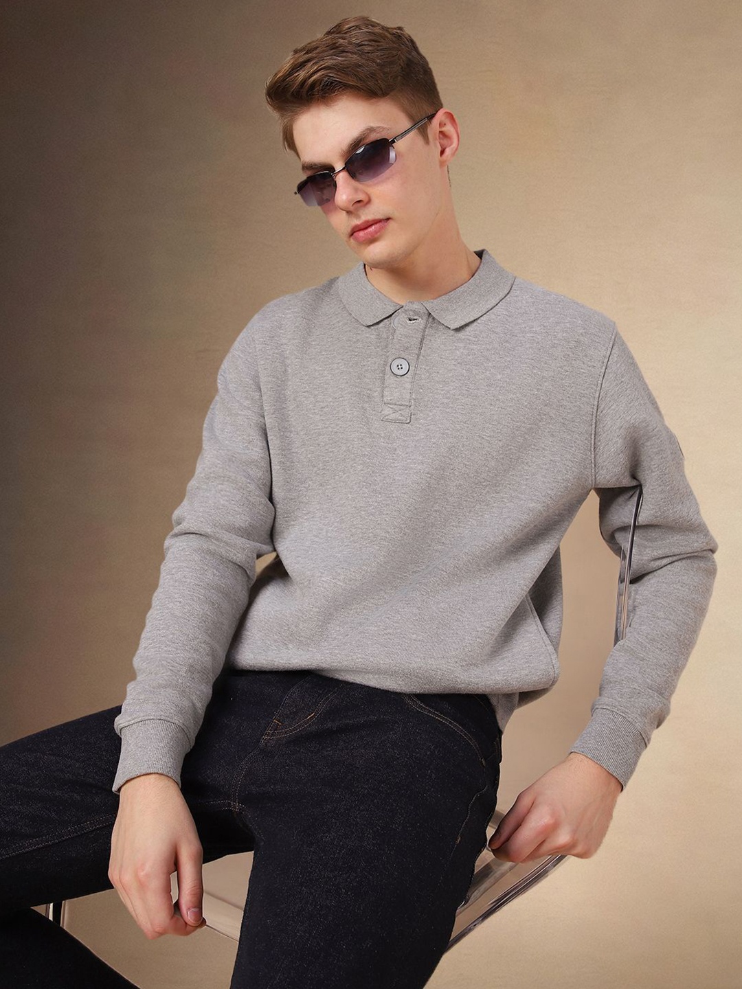 

Dennis Lingo Men Solid Shirt Collar Pullover Sweatshirt, Grey