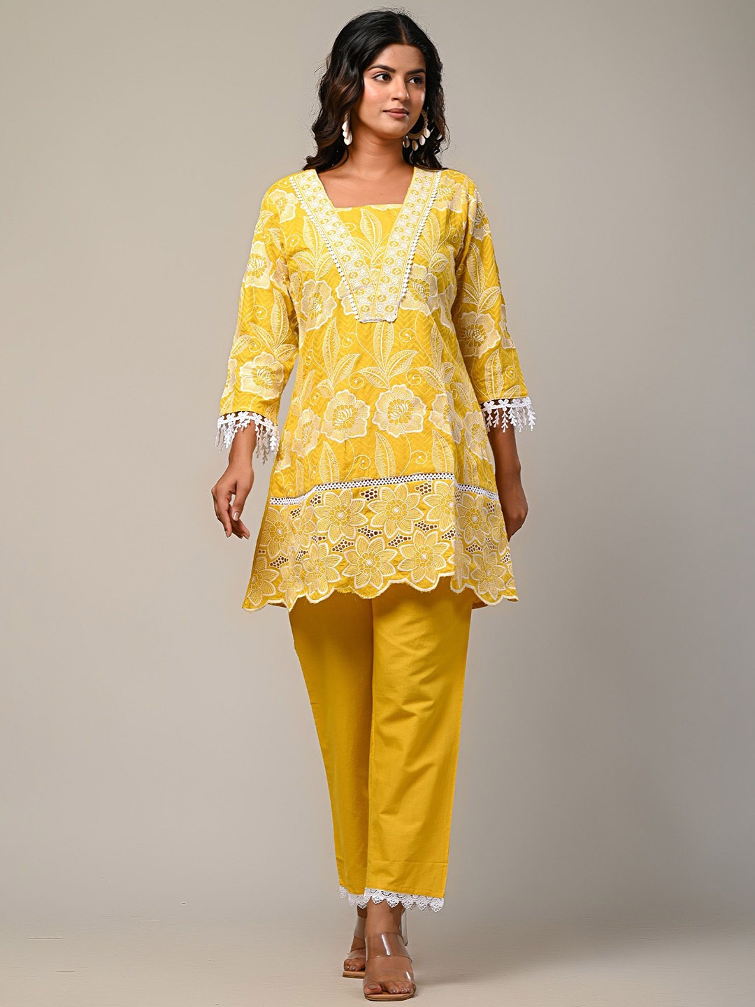 

Indo Era Women Floral Embroidered Pure Cotton Kurta with Trousers, Yellow