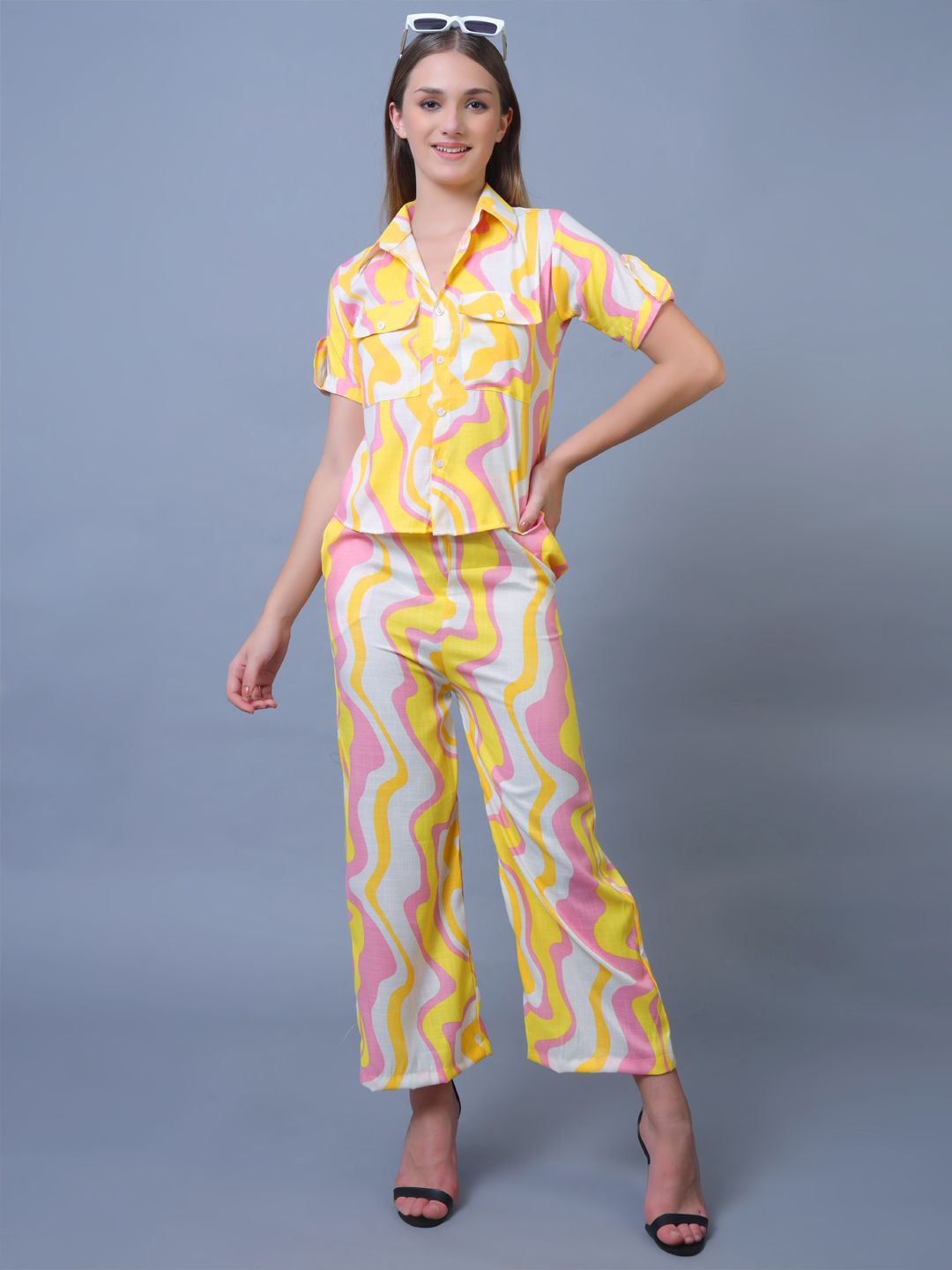 

Softwrap Women Printed Shirt With Trousers Co-Ords, Yellow