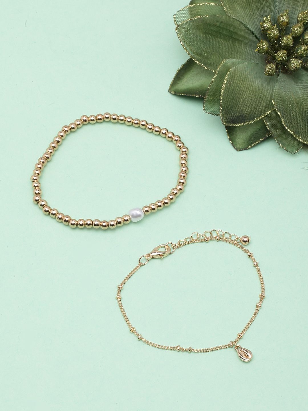 

KPOP Set Of 2 Gold-Plated Pearl Beaded Charm Bracelets