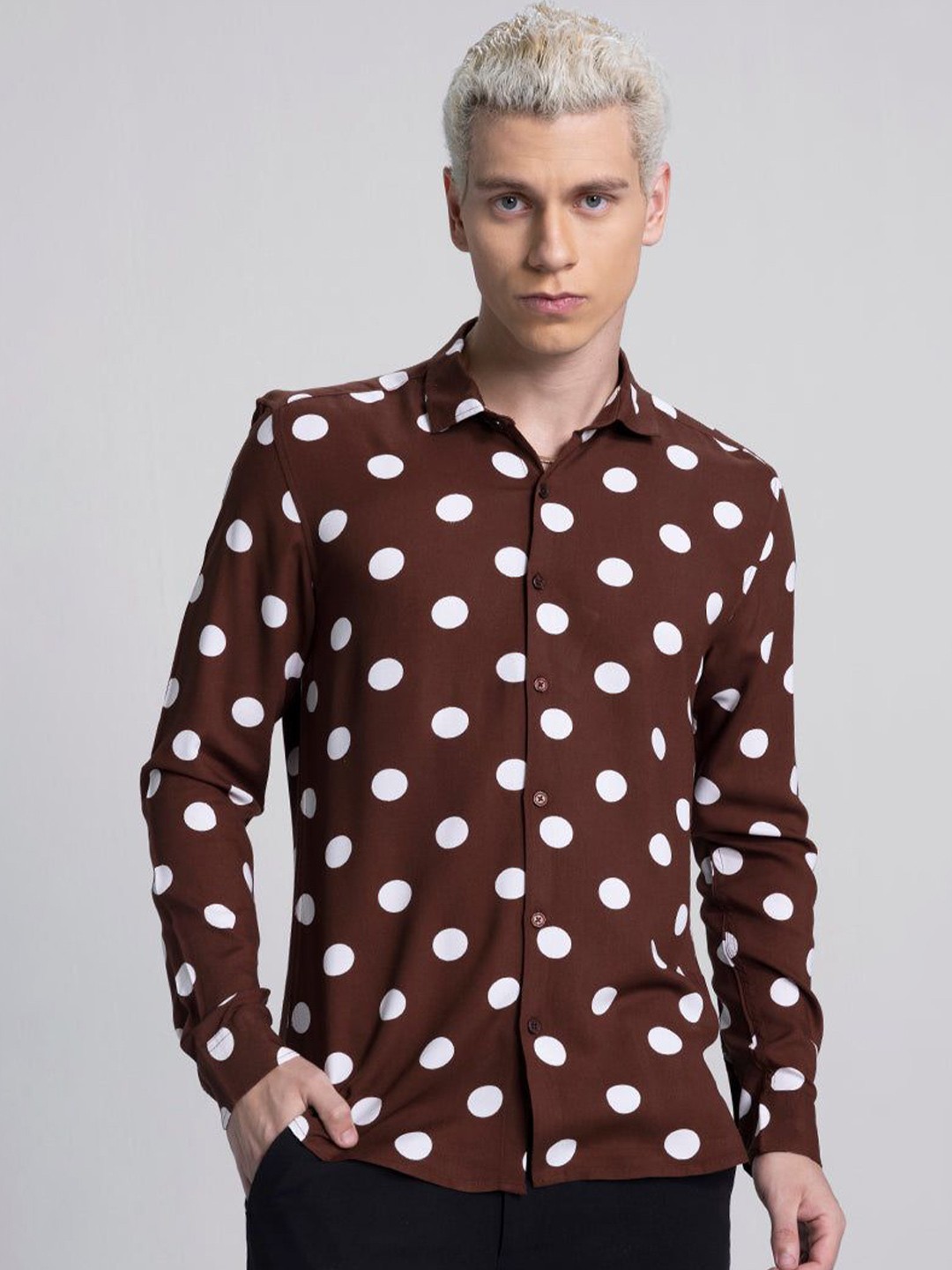 

Snitch Men New Spread Collar Polka Dots Printed Casual Shirt, Brown
