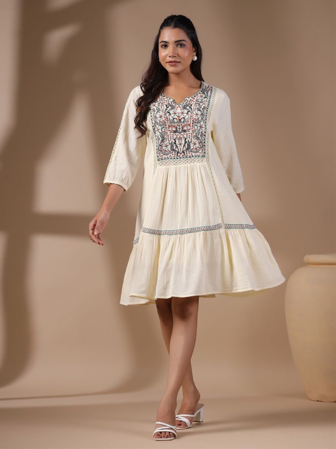 

Nyaro Women Embroidered Round Neck Cotton A-Line Dress, Beige