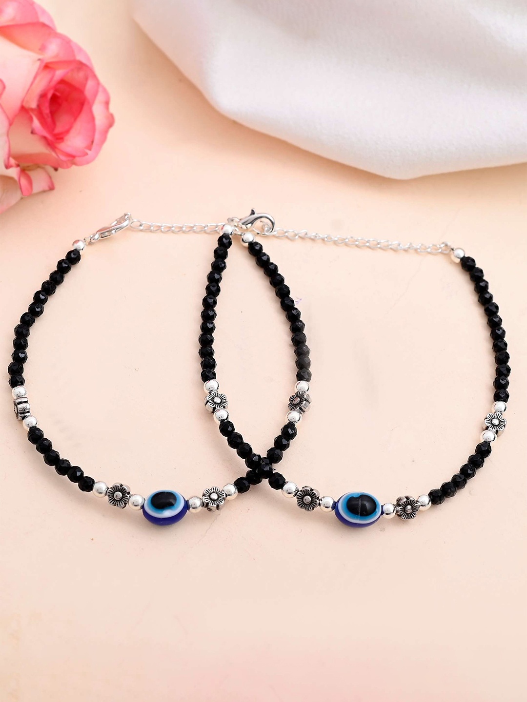 

VOJ Silver-Plated Stainless Steel Evil Eye Flower Shaped Beaded Anklet