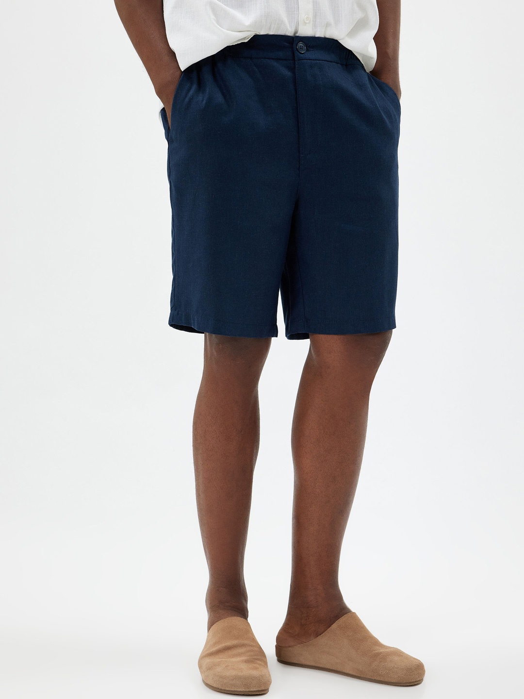 

Koton Men Regular Fit Mid-Rise Linen Shorts, Navy blue