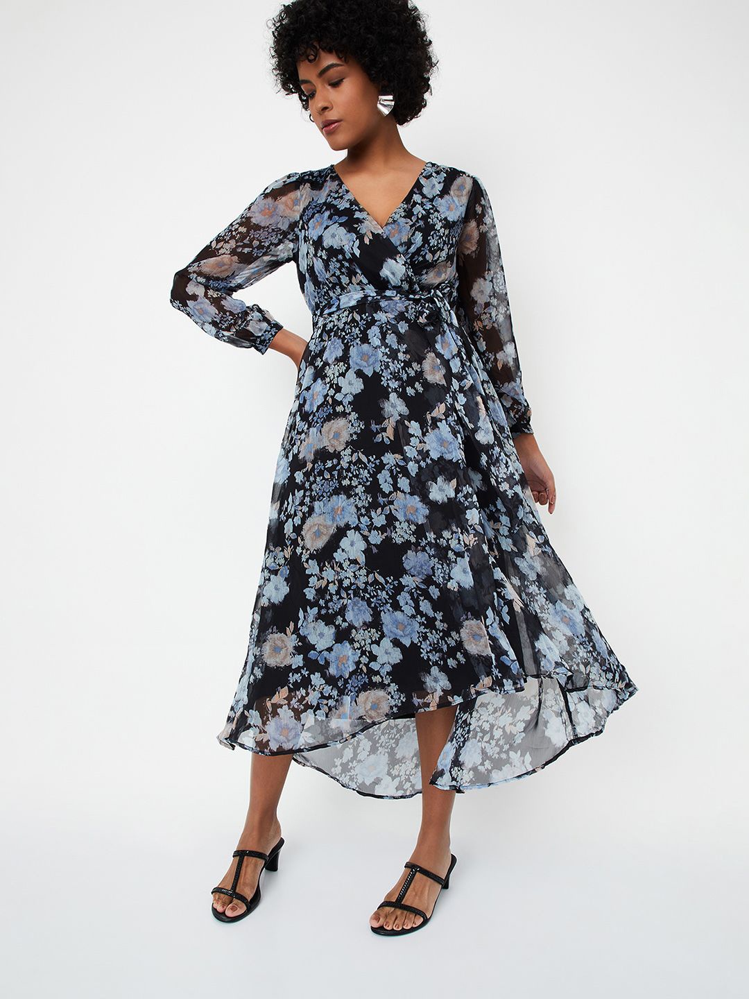 

max Floral Printed Wrap Maxi Dress, Black